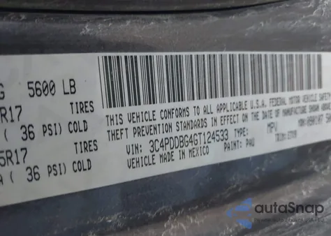 2016 Dodge Journey Sxt from USA, damaged, VIN 3C4PDDBG4GT124533